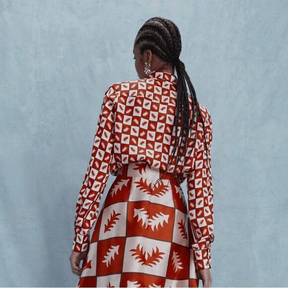 NWOT Lisou Bailey Long Sleeve Fern Print Silk Blouse in Red Multi $355 RARE Sz 4 - Picture 2 of 16